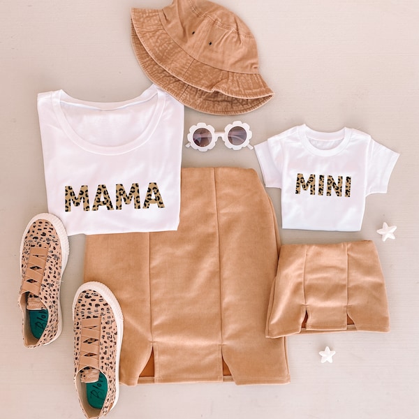 Tan matching skirts + Mama & Mini matching shirts, mommy and me matching outfits, matching, mother daughter outfits