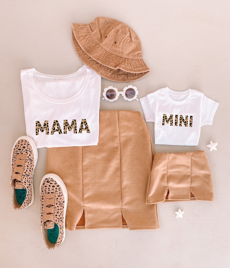 Tan matching skirts + Mama & Mini matching shirts, mommy and me matching outfits, matching, mother daughter outfits 