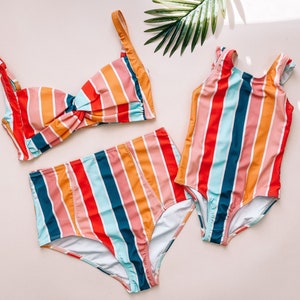 Multi Striped mommy and me swimsuit, mommy and me swimwear, swimsuit, mommy and me swim, mother daughter swimsuits, matching outfits 画像 1