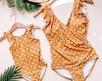 Mustard Polka Dot mommy and me swimsuit, mommy and me swimwear, swimsuit, mommy and me swim, mother daughter swimsuits, matching outfits