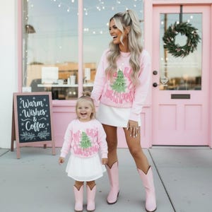 Pink Christmas Sweatshirts Mom and Me | Merry Christmas Matching Holiday Sweaters | Family Christmas Outfits | Mama Mini Christmas party image 3