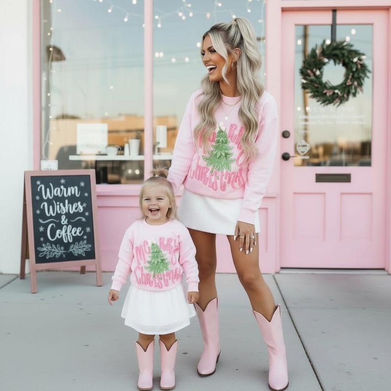 Pink Christmas Sweatshirts Mom and Me | Merry Christmas Matching Holiday Sweaters | Family Christmas Outfits | Mama Mini Christmas party image 3