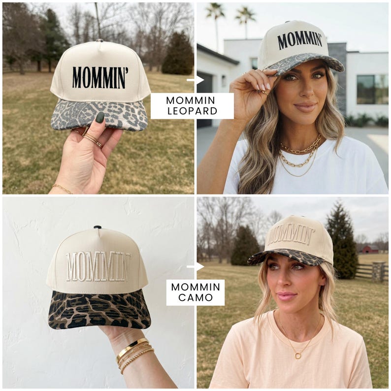 May include: Cream-colored baseball cap with "MOMMIN'" embroidered in black. The brim features a leopard print pattern. The image shows the cap in different settings, including on a person.