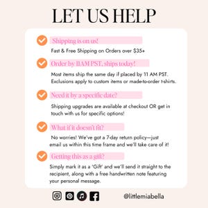 Pode incluir: Um gr&aacute;fico rosa e branco com uma lista de verifica&ccedil;&atilde;o de pol&iacute;ticas de envio e devolu&ccedil;&atilde;o. O texto diz "Let Us Help" e inclui informa&ccedil;&otilde;es sobre frete gr&aacute;tis, prazos de pedido, pol&iacute;ticas de devolu&ccedil;&atilde;o e op&ccedil;&otilde;es de embrulho para presentes. O gr&aacute;fico tamb&eacute;m inclui &iacute;cones de m&iacute;dia social para Instagram, Pinterest, m&uacute;sica e Facebook.