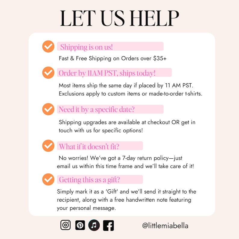Pode incluir: Um gr&aacute;fico rosa e branco com uma lista de verifica&ccedil;&atilde;o de pol&iacute;ticas de envio e devolu&ccedil;&atilde;o. O texto diz "Let Us Help" e inclui informa&ccedil;&otilde;es sobre frete gr&aacute;tis, prazos de pedido, pol&iacute;ticas de devolu&ccedil;&atilde;o e op&ccedil;&otilde;es de embrulho para presentes. O gr&aacute;fico tamb&eacute;m inclui &iacute;cones de m&iacute;dia social para Instagram, Pinterest, m&uacute;sica e Facebook.