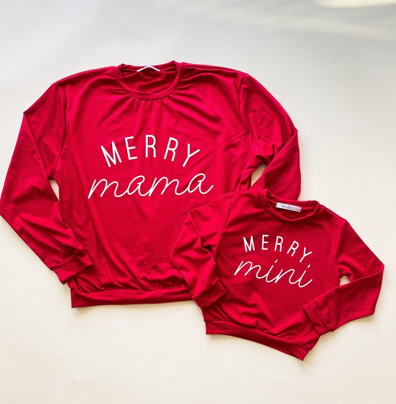 Red or Green Merry Mama & Mini Holiday Matching crew neck sweaters, mommy and me, mommy and me matching, matching outfits, 
