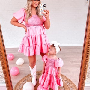 Pink Puff Sleeve, Mommy and Me dresses, mother daughter dresses, matching dresses, mommy and me outfits, family matching, mommy and me dress