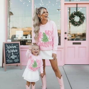 Pink Christmas Sweatshirts Mom and Me | Merry Christmas Matching Holiday Sweaters | Family Christmas Outfits | Mama Mini Christmas party image 1
