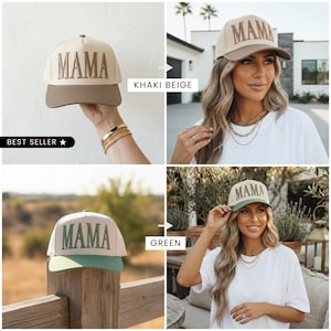 May include: Baseball caps in khaki beige and green with the word "MAMA" embroidered on the front. The caps have a curved brim and are shown in different settings, including a close-up and a person wearing the cap.