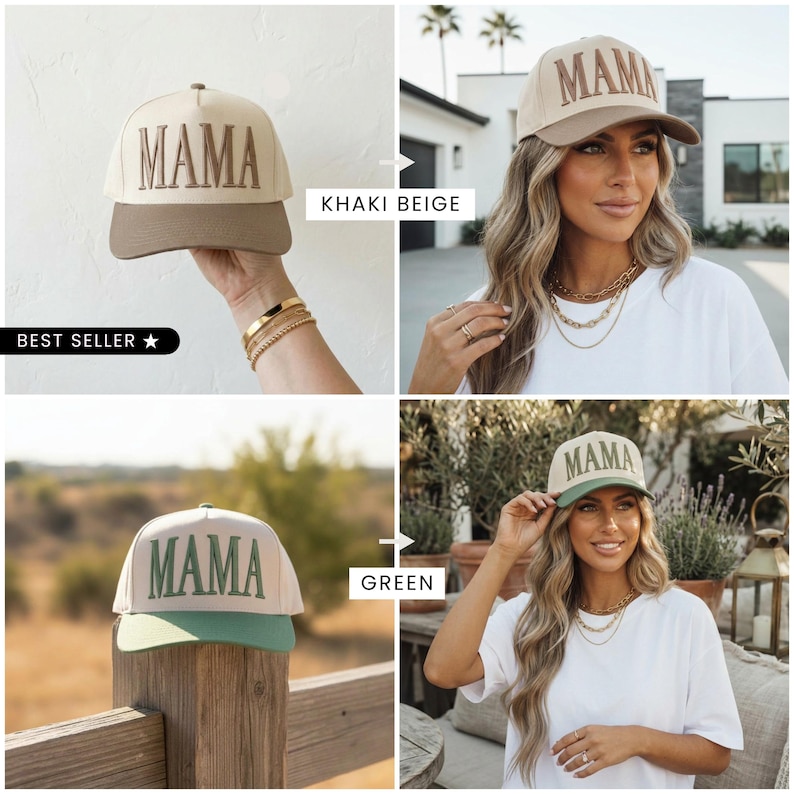 May include: Baseball caps in khaki beige and green with the word "MAMA" embroidered on the front. The caps have a curved brim and are shown in different settings, including a close-up and a person wearing the cap.