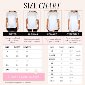 May include: A t-shirt size chart with measurements in inches. It details sizes from S to 2XL for adults and NB to 10-12 for children. The chart illustrates fitted, regular, relaxed, and oversized fits, with chest and length dimensions.