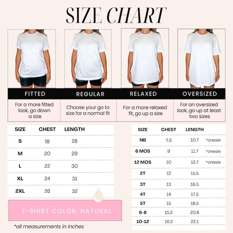 May include: A t-shirt size chart with measurements in inches. It details sizes from S to 2XL for adults and NB to 10-12 for children. The chart illustrates fitted, regular, relaxed, and oversized fits, with chest and length dimensions.