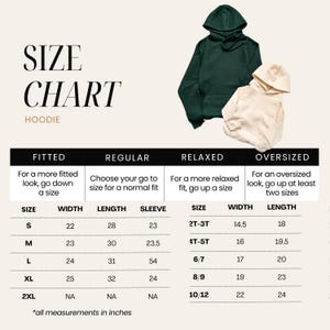 May include: A size chart for hoodies, with measurements in inches. The chart includes sizes S to 2XL for fitted and regular fits, and sizes 2T-3T to 10/12 for relaxed and oversized fits. Two hoodies are shown in the image, one dark green and one cream-colored.