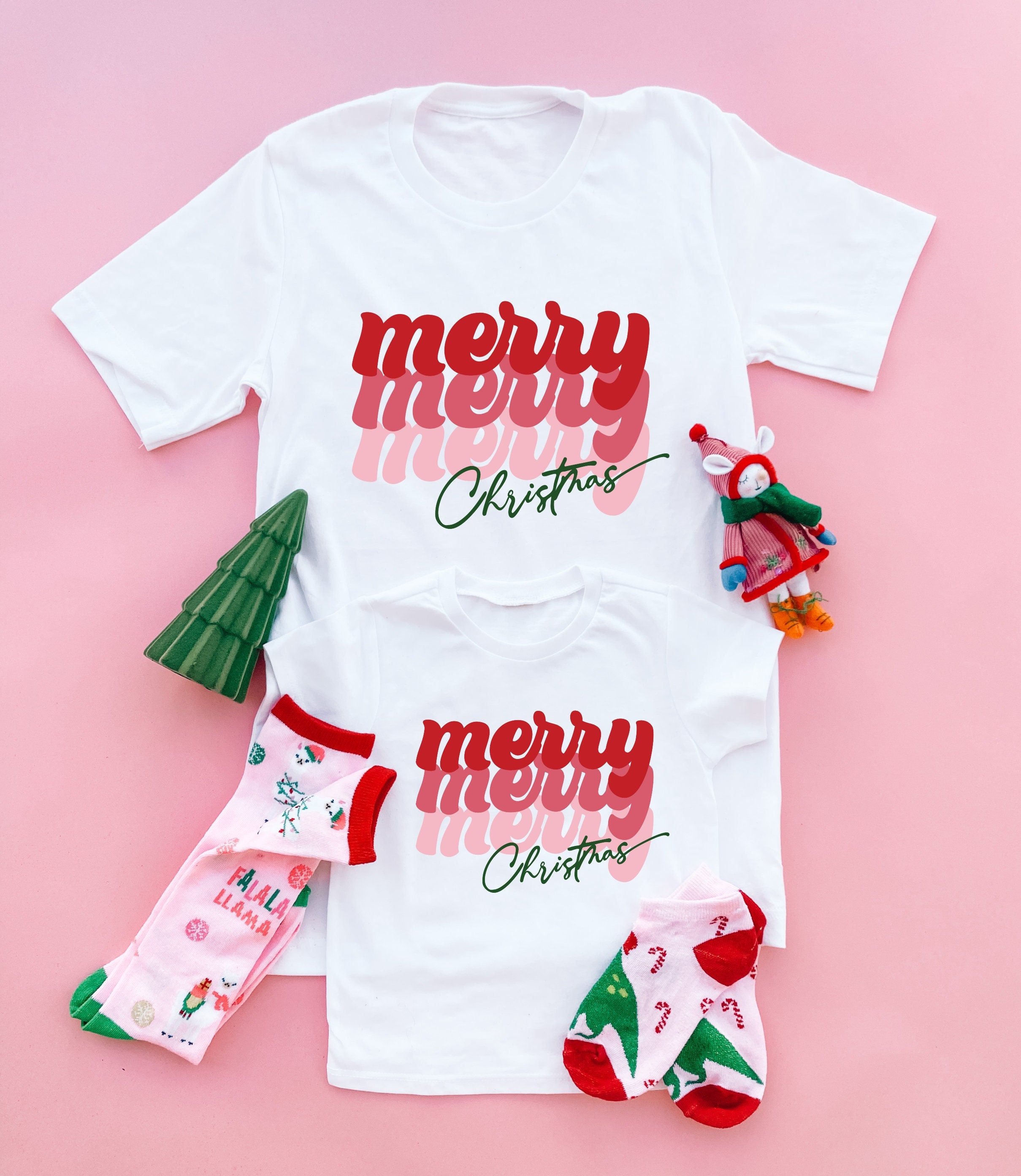 WHITE PINK MERRY Mama and Mini Shirts 