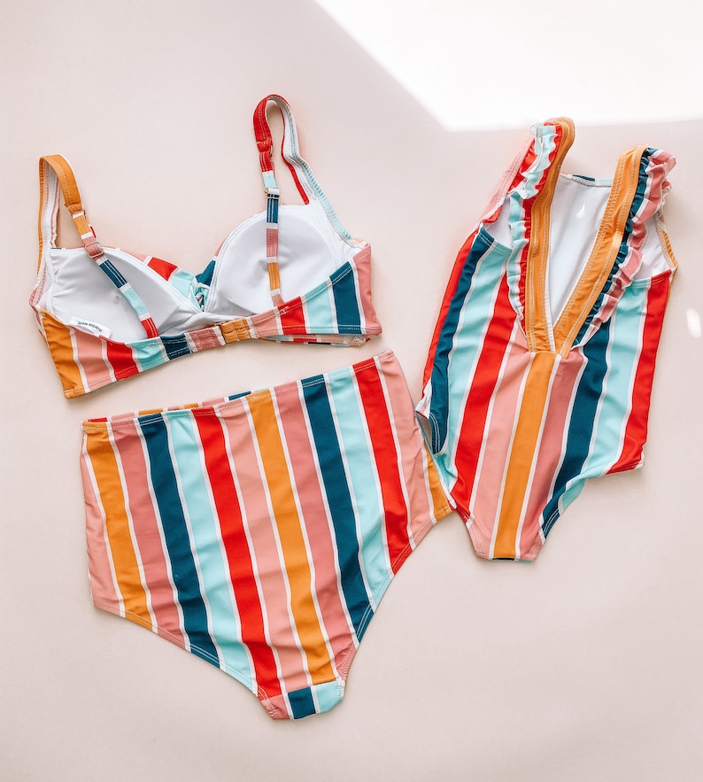 Multi Striped mommy and me swimsuit, mommy and me swimwear, swimsuit, mommy and me swim, mother daughter swimsuits, matching outfits 画像 3