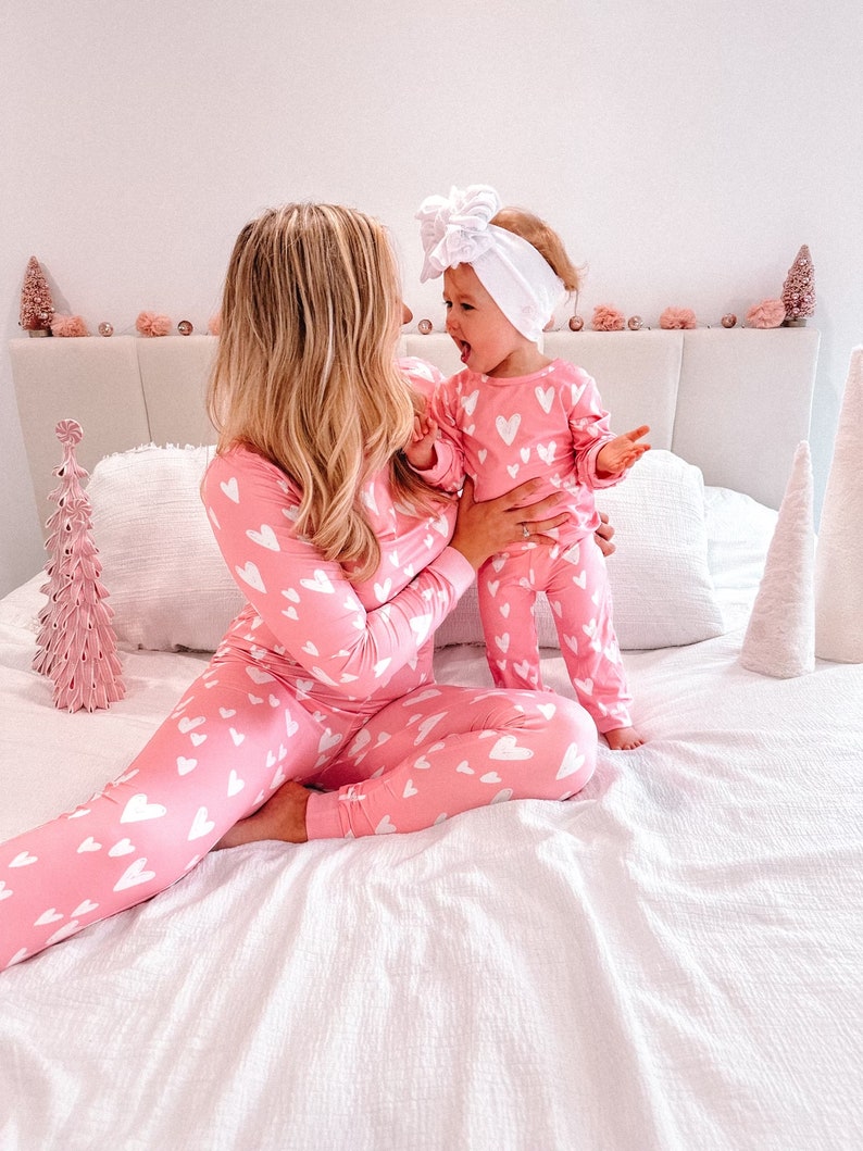 Mommy and Me Valentine, Valentine's pajamas, mommy and me pajamas, matching outfits, matching pajamas, valentines day, pink pajamas, mama image 2