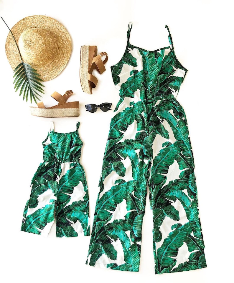 TROPICAL JUMPSUITS mommy and me,  mommy and me outfits, mother daughter,mommy and me, matching outfits, palm leaf print, matching outfit 