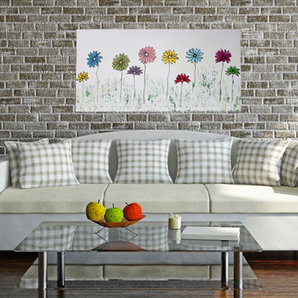 Abstract acrylic painting 100 x 50 cm, colorful flowers on white background, contemporary art, unique-Original flowers spring modern image