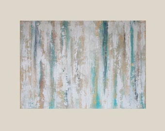 Painting abstract 100 x 70 cm spatulated with structure white turquoise beige unique original canvas on stretcher timeless art striped light