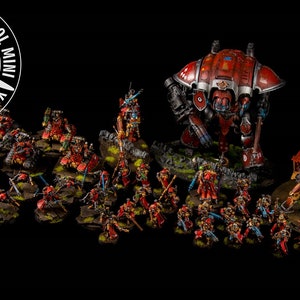 May include: A collection of red and gold painted miniature figures, including a large knight robot, smaller robots, and soldiers. The figures are arranged on a black background.