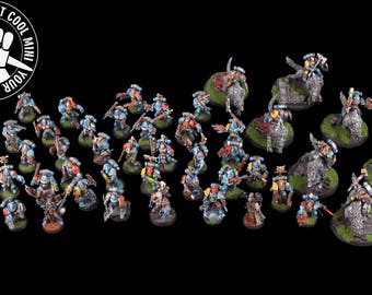 Warhammer 40k Space Wolves, Army, 45 plastic miniatures and 2 metal miniatures.   All PRO PAINTED with decorated stands.