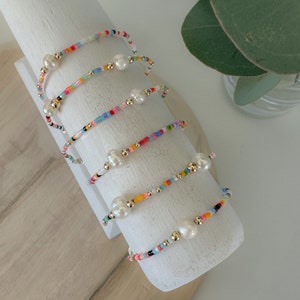 Rainbow seed bead bracelet, tiny bead bracelet, rainbow pearl bracelet, freshwater pearl jewelry