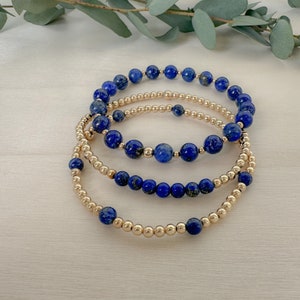 Lapis lazuli bracelet stack, blue and gold bracelet, 14k gold beaded bracelet