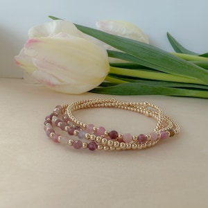 Pink Beaded Bracelet, gold and pink beaded bracelet, tiny gold beaded bracelet, tourmaline bracelet