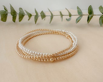 Mixed metal bracelet stack, gold and silver beaded bracelet, set of bracelets