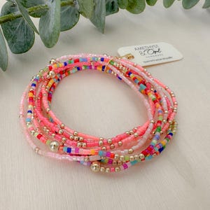 Tiny seed bead bracelet, pink bracelet stack, rainbow seed bead bracelets, delica bead bracelet
