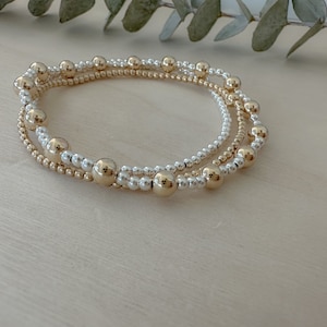 Mixed metal bracelet stack, gold and silver beaded bracelet set
