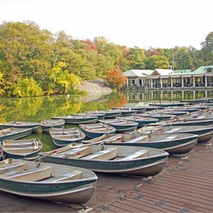 NYC Boathouse Print, Central Park, New York Photography, Large Wall Print, Autumn, New England, Row Boats, Neutral Tones - The Boathouse