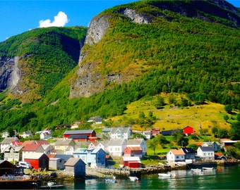 Travel Photography, Norway Print, Fjord, Fine Art, Nature Photography, Aurlandsfjord, Large Wall Art, Small Village, Mountains - Undredal