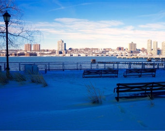 Winter Print, NYC Photography, Blue Wall Art, New York Cityscape, Large Wall Art, Benches, River View, Winter Photo - Snowy Hudson River