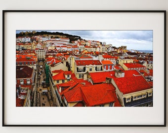 Lisbon Skyline Print / Red Rooftops of Portugal / Bright and Colorful Wall Art / Canvas Wrapped / Fine Art Print / European Cityscape