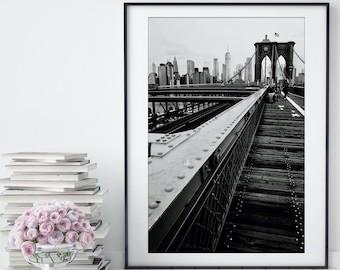 NYC Skyline Print / New York City Wall Art / Brooklyn Bridge Print / Manhattan Skyline Art / Black & White Wall Art / Minimalist Decor