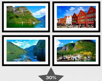 Norway Print Collection, 30% OFF, Set of 4 Prints, Norwegian Fjords, Waterfall, Bryggen in Bergen, Flam, Undredal