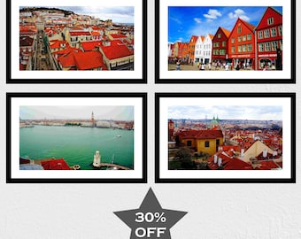 Red Rooftops of Europe Print Collection, 30-50% OFF, Set of 4 Prints, Lisbon, Portugal, Bryggen in Bergen, Norway, Venice, Italy, Prague