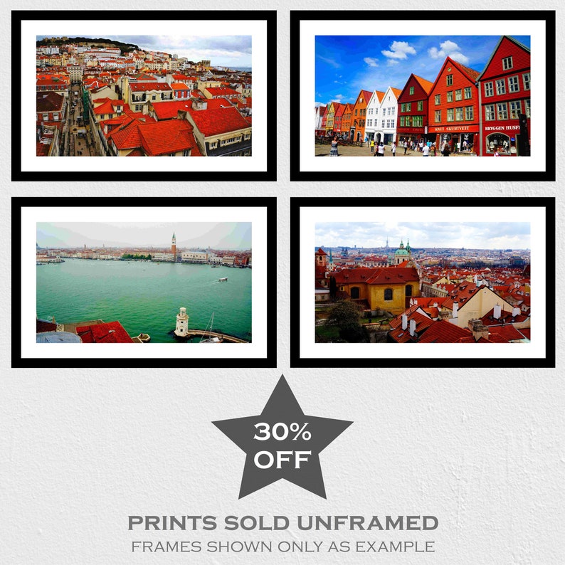 Red Rooftops of Europe Print Collection, 30-50% OFF, Set of 4 Prints, Lisbon, Portugal, Bryggen in Bergen, Norway, Venice, Italy, Prague image 1