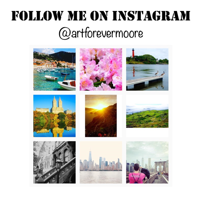 May include: A grid of nine colorful images, including a harbor scene with boats, close-up of pink flowers, a lighthouse, a building reflected in water, a sunset, green hills, a black and white street scene, a city skyline, and a person on a bridge. Text reads "FOLLOW ME ON INSTAGRAM @artforevermoore".