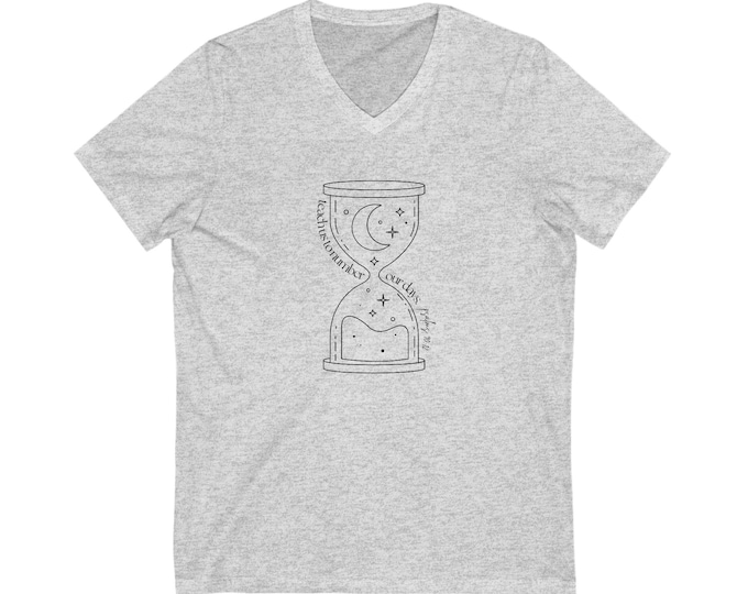 Psalm 90:12 Womens V-Neck Shirt - Christian Hourglass Design - Number Our Days Scripture Tee - Faith-Based Gift - Inspirational T-Shirt