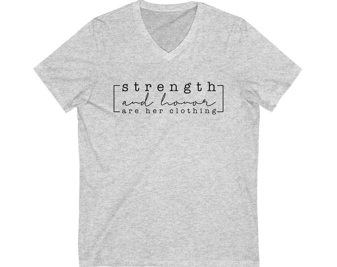 Proverbs 31:25 Womens V-Neck Shirt - Strength & Honor Are Her Clothing - Christian Graphic Tee - Faith-Inspired Apparel - Modest Gift