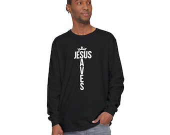 イエスは救う長袖Tシャツ（信仰を愛する人向け）、快適な宗教Tシャツ、クリスチャンギフト、カジュアルスタイル、ユニセックスアパレル