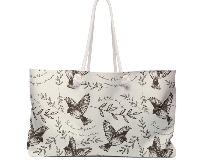 More Valuable Than Many Sparrows Christian Design Weekender Bag, Travel Tote, Bird Print Design, Eco-Friendly, Christian Accessories