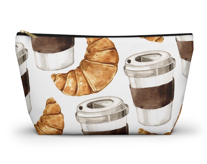 Coffee & Croissant Accessory Pouch | Cute Makeup Bag, Gift for Coffee Lovers, Stylish Travel Organizer, Eco-Friendly Fashion