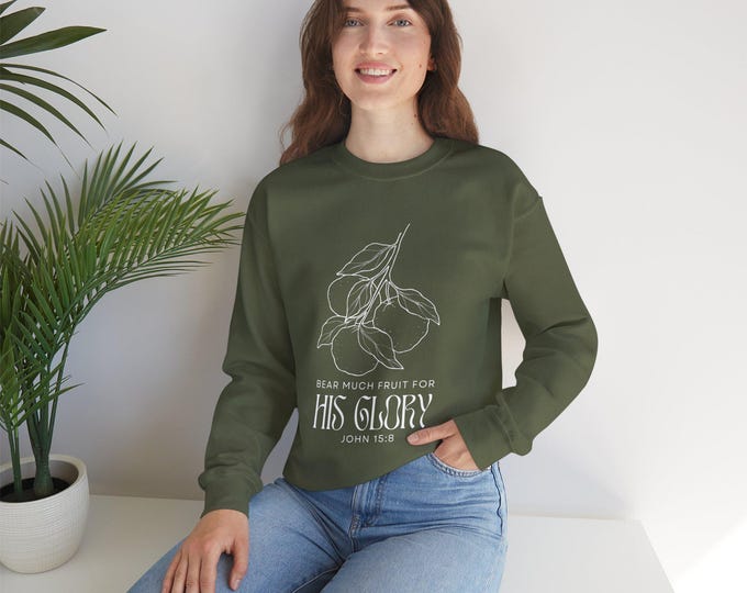 Bear Much Fruit for His Glory Inspirational Crewneck Sweatshirt | Unisex, Spiritual Gift, Cozy Apparel, Faith-Based, Bible Verse Sweatshirt