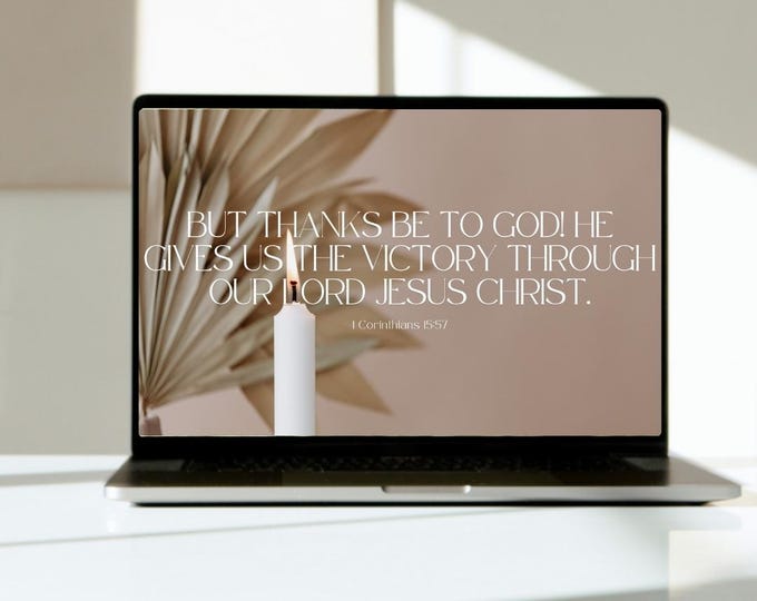 victory through christ - minimalistic beige desktop wallpaper, bible verse wallpaper, aesthetic scripture desktop wallpaper