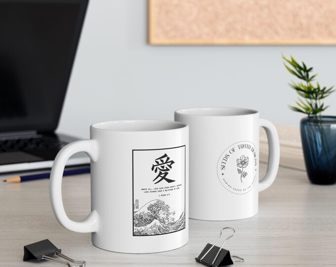 Christian Mug with Love Kanji & 1 Peter 4:8 - Bible Verse Ceramic Coffee Cup - Minimal Scripture Mug - Faith Gift for Him or Her