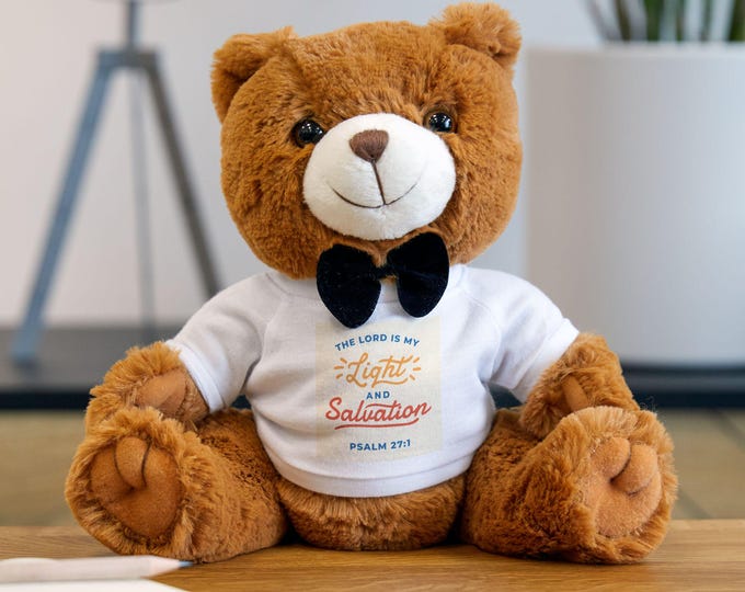 The Lord is My Light & Salvation, Cute Teddy Bear Bible Verse T-Shirt Comfort Toy, Gift for Kids and Adults, Nursery Decor, Scripture Plush