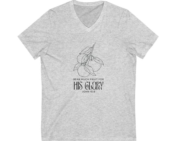 Christian Fruit of the Spirit V-Neck Shirt - John 15:8 Bible Verse Tee - Unisex Scripture Shirt - Faith-Based Gift - His Glory T-Shirt